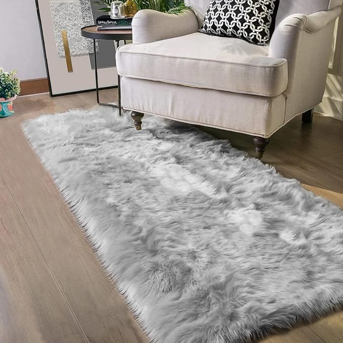 Latepis 2x8 Runner Non-Slip Grey Fluffy Rugs for Bedroom Washable Faux Sheep Skin Rug for Living Room Home Decor Rectangle