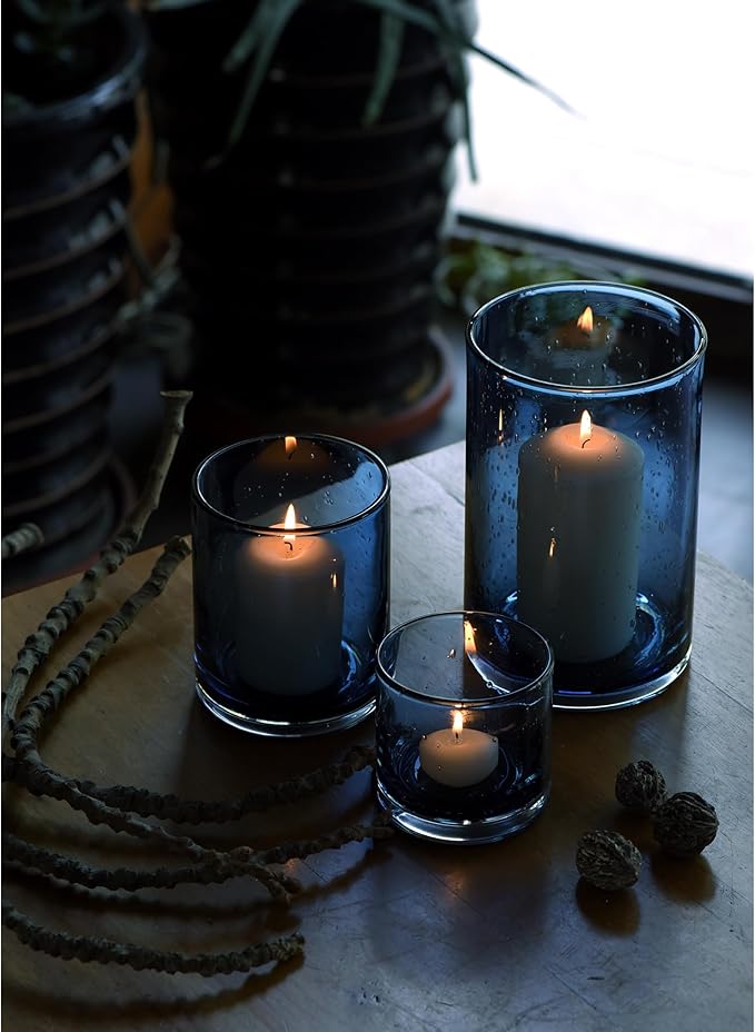 ARIAMOTION Blue Candle Holder for Pillar Set 3 Modern Glass Bubbles Hurricane Cylinder Vases Table centerpieces Home Decor Tabletop Kitchen Island Dining Room Coffee Bar 8" 5" 3.5" Height