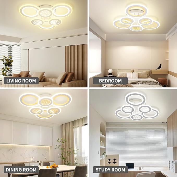 Modern LED Ceiling Light,Dimmable 3000K-6500K 3 Colors Flush Mount Ceiling Lights Fixtures 6 Rings 139W Remote LED Ceiling Lighting for Living Room,Dining Room,Kitchen,Bedroom,Office