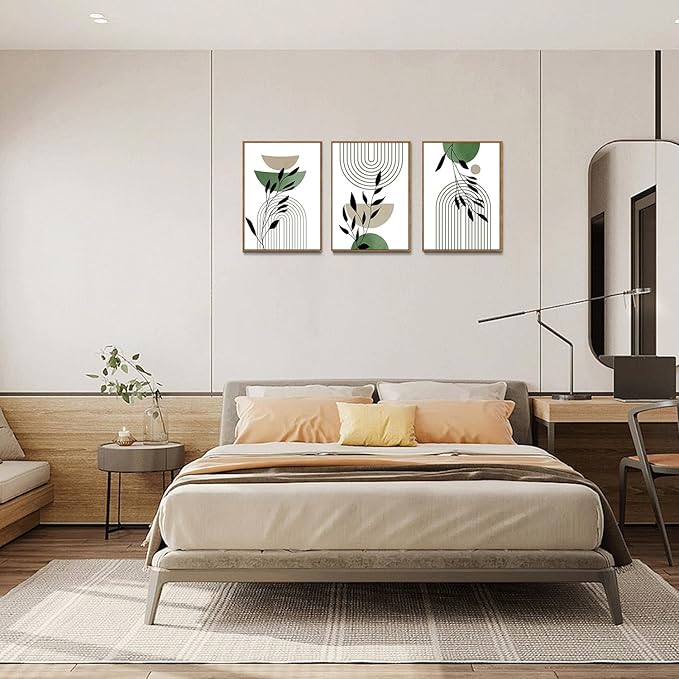 Bwodke Boho Wall Art, Framed Abstract Wall Art, Line Plants Leaf Canvas Wall Decor, Mid Century Sage Green Geometric Pictures Set of 3, Minimalist Paintings, for Bedroom Living Room Bathroom 16"x24"