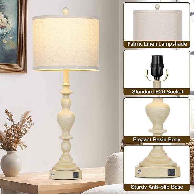 27" Vintage Farmhouse Table Lamps for Living Room Set of 2, Rustic Nightstand Lamps with USB C+A Ports, 3-Way Dimmable Retro Bedside Lamps for Bedroom Office 2 LED Bulbs Included Washed Antique Beige