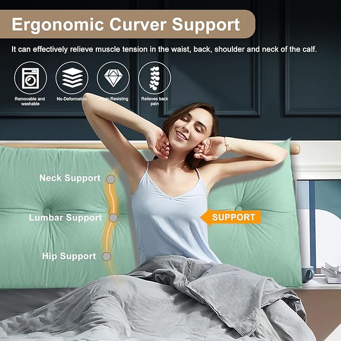 Large Triangular Headboard Pillows Long Backrest Positioning Support Bolster Cushion for Daybed Fluffy Quality Plush Body Wedge Pillow with Removable Cover(Light green-Queen-59x8x20in)