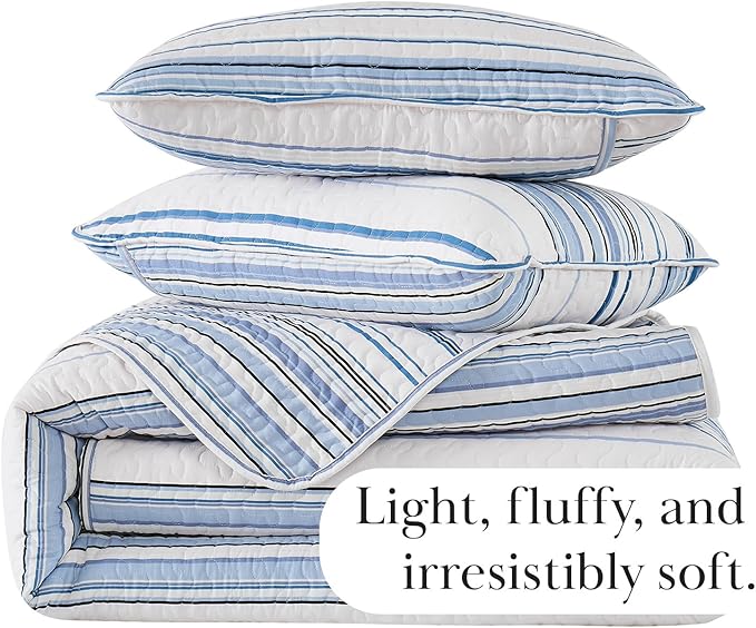 Southshore Fine Living, Inc. Oversized Queen Quilt Set, Striped Blue/White Quilt Bedspread Queen/Full, 3-Piece Coastal Bedding Set with Lightweight Coverlet and Matching Quilted Shams, Blue Stripes