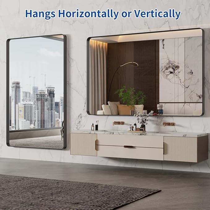 WEER 55X36 Inch Black Metal Framed Bathroom Mirror, Black Bathroom Vanity Mirror Farmhouse, Rounded Rectangular Matte Black Wall Mirrors, Tempered Glass, Anti-Rust (Horizontal/Vertical)