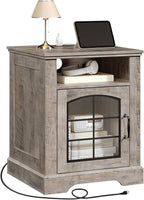 HOOBRO Small Farmhouse End Table for Living Room, Rustic Nightstand with Charging Station, Wooden Sofa Side Table with Tempered Glass Barn Door, for Bedroom, Greige GY405UBZ01