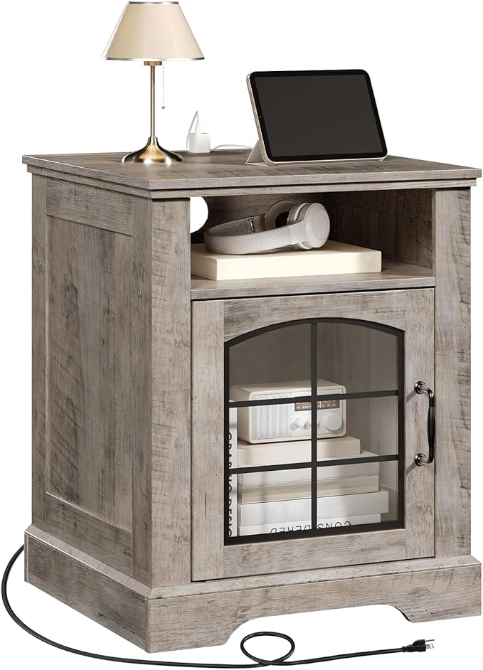 HOOBRO Small Farmhouse End Table for Living Room, Rustic Nightstand with Charging Station, Wooden Sofa Side Table with Tempered Glass Barn Door, for Bedroom, Greige GY405UBZ01