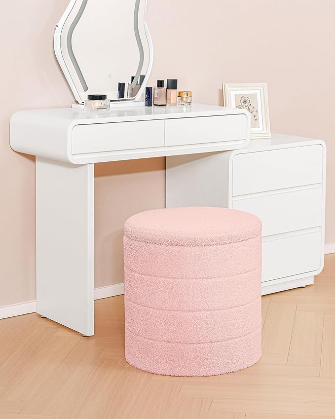 B FSOBEIIALEO Ottoman with Stroage, Round Sherpa Storage Ottoman Stool, Boucle Foot Rest 16.9"x16.9"x17.7"（Pink