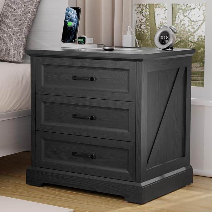 HOMMPA 24'' Farmhouse Nightstand with Charging Station, Bedside Tables with Storage, Side Table with USB Port, 3 Drawers End Table Dresser, Wood Night Stand for Bedroom, Living Room, Black