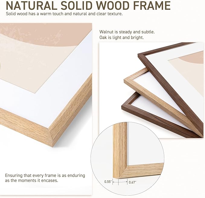 5x7 Picture Frame Set of 4 Natural Solid Oak Photo Frames with 4x6 Removable Mat Wall Hanging Large Handcrafted Frame with HD Plexiglass Wall and Tabletop Display Large Poster Frame