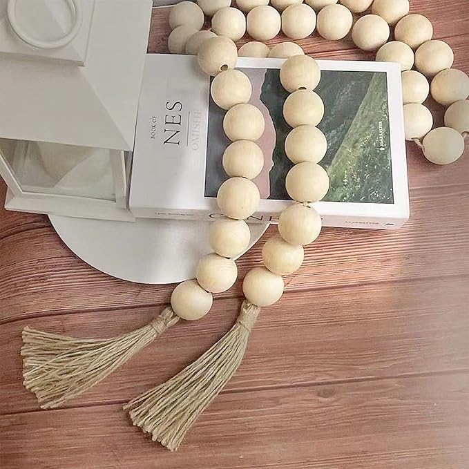 OMISHE 76" Long Extra Large Wood Bead Garland with 1.6" Diameter Wooden Beads and Tassels, Rustic Farmhouse Country Decorative Beads for Home Tiered Tray Decor, Natural Beige