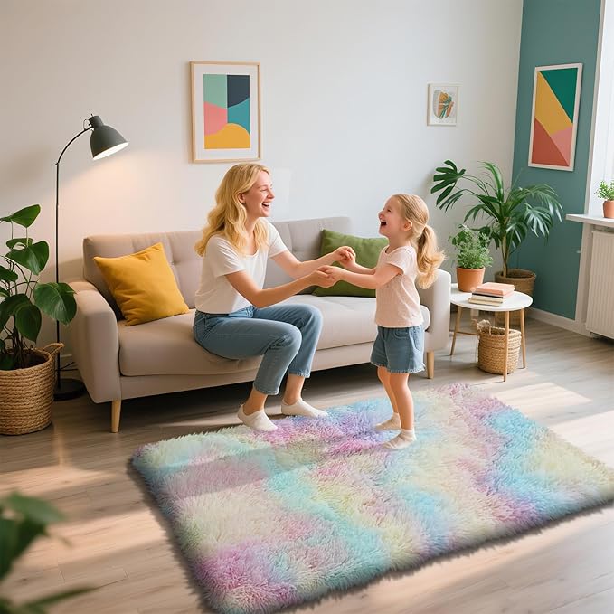 Shag Area Rug for Bedroom 3x5,Fluffy Area Rugs for Living Room,Soft Fuzzy Rug Non-Shedding Indoor Plush Carpet for Kids Bedroom Nursery Dorm Home Decor,Rainbow Purple