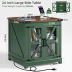 Farmhouse End Table with Charging Station, 24" Large Sofa Side Table with Glass Barn Door, Green Nightstand with Adjustable Storage Shelf, Wood Square Bedside Table for Living Room, Bedroom