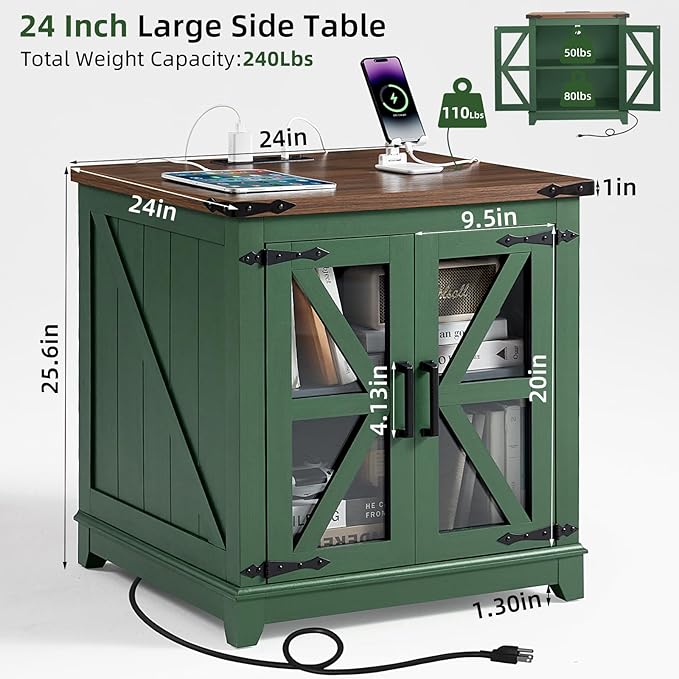 Farmhouse End Table with Charging Station Set 2, 24" Large Sofa Side Table with Glass Barn Door, Nightstand with Adjustable Storage Shelf, Wood Square Bedside Table for Living Room, Bedroom