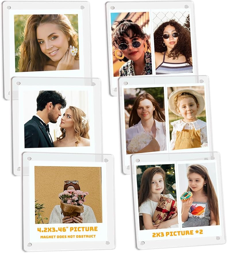 Acrylic Magnetic Refrigerator Picture Frames, 4.2"*3.46" Magnetic Fridge Clear Photo Frames Compatible with Polaroid Camera Instax Wide 300/210/200 Films for Refrigerator/Locker/Wall, 6Pack