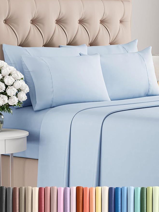 Full Sheets Set 6 Piece - Includes 4 Pillowcases - Bed Sheets Full Size - Soft Hotel Luxury Bedding - Cooling, Comfy, Cozy & Breathable - 1 Flat & 1 Fitted & 4 Pillowcases w/ Deep Pockets - Sky Blue