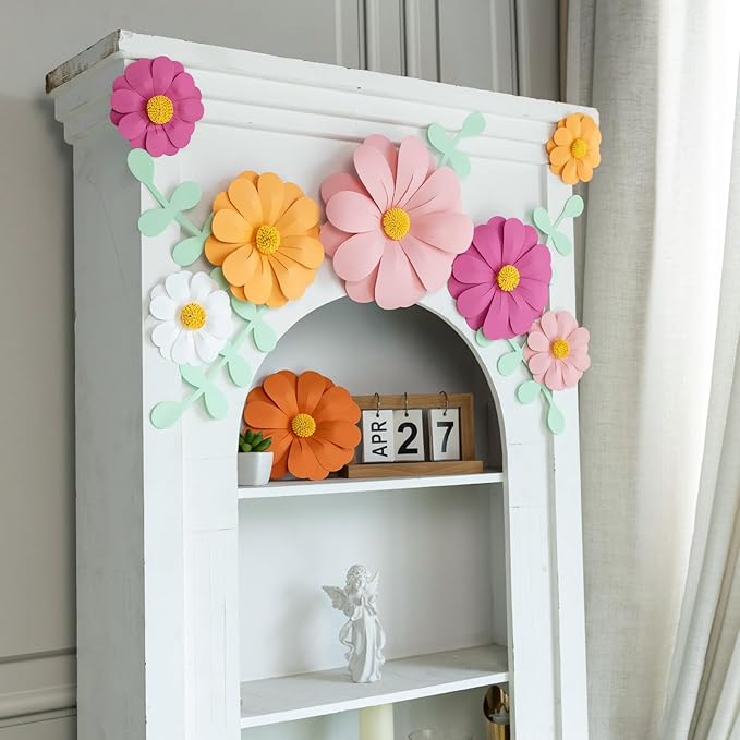 Paper Flowers Decorations for Wall, 3D Handmade Artificial Flowers for Wall Decorations, Pink Orange White, for Baby Girl Nursery Room Bulletin Board Decoration