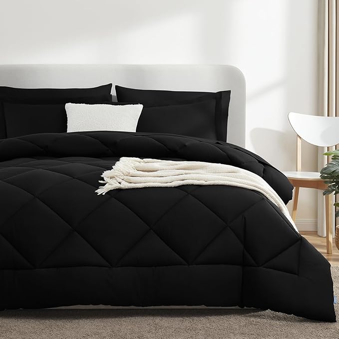 CozyLux King Size Comforter Set Black - 7 Pieces Bed in a Bag King, Luxury Soft Bed Set for All Seasons, Bedding Set with Down Alternative Comforter, Sheets, Pillowcases & Shams