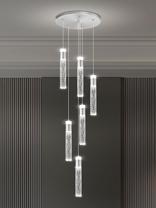 6-Light Silver Modern Crystal Raindrop Chandelier for Dining Room Entrance Long Crystal Bubble Column Chandelier for High Ceiling Lighting Fixtures LED Lampara, 3000k-6000K