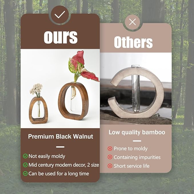 Modern Wooden Glass Test Tube Vase - Desk Plant Decor, Suitable for Home and Office Use