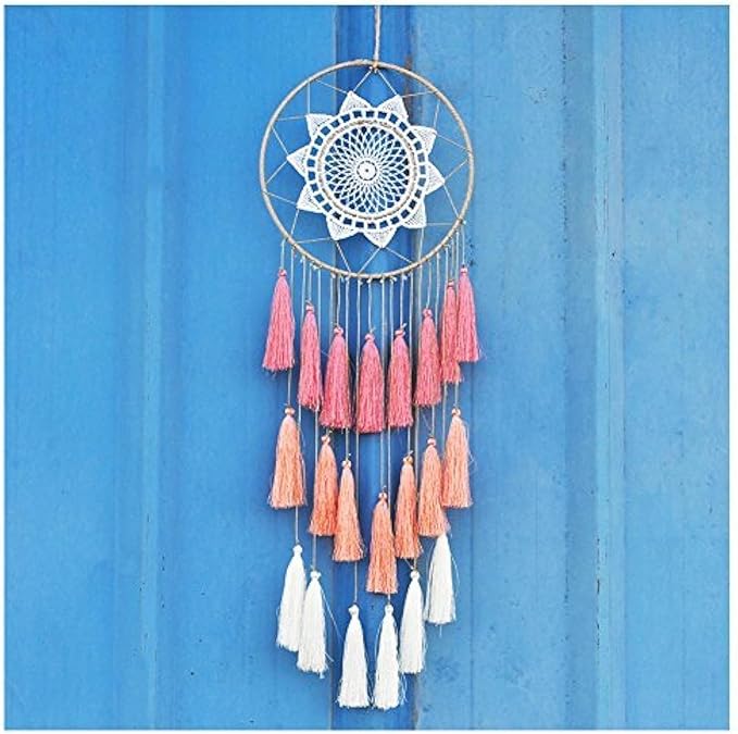 Artilady Macrame Dream Catchers for Bedroom - Tassel Wall Hanging Handmade Dreamcatchers Home Decor with Tassel Feather Ornament Craft Blessing Gift (Pink)