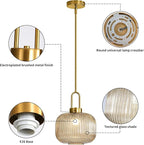 Modern Amber Glass Pendant Light Fixtures, Mid Century Pendant Lights for Kitchen Island, 9.8" Gold Adjustable Height Ceiling Hanging Light Fixtures for Dining Room Entryway Bedroom Foyer Hallway