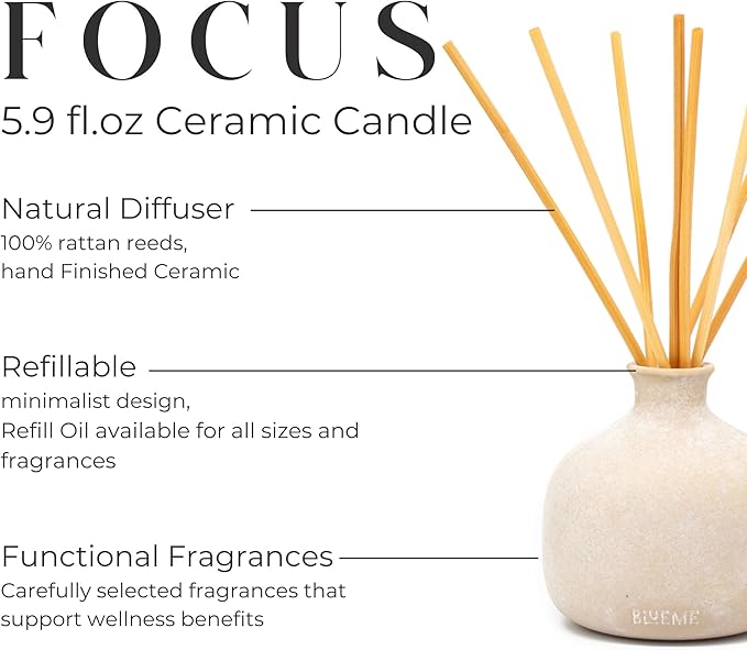 BLUEME Focus-Eucalyptus & Lime, 5.92 Fl Oz Wellness Diffuser, Contains Essential Oil, Sustainable, Hand Finished, Premium, Luxury Ceramic, Natural Rattan Reeds