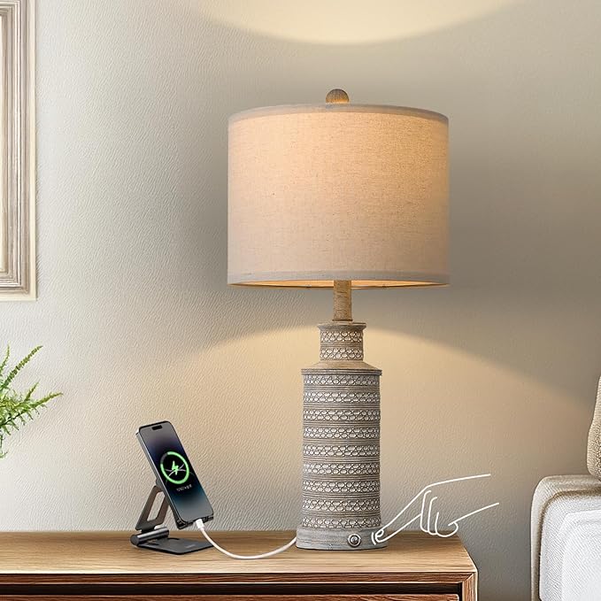 BOBOMOMO USB A+C 3-Way Dimmable Touch Control Table Lamp Set of 1 Vintage Rustic Farmhouse Traditional Nightstand Bedside Lamps(1 Bulb Included)