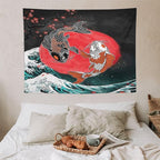 Houselerax Koi Fish Tapestries,Japanese Style Yin Yang Big Wave Cherry Blossoms Tapestry Wall Hanging for Bedroom Living Room Office Decor 40"x30"