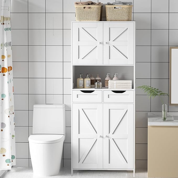 ANWBROAD 67” Bathroom Storage Cabinet Tall Storage Cabinet with Adjustable Shelves and Drawers Freestanding for Bathroom Kitchen Pantry Living Room Cabinet USBC002W