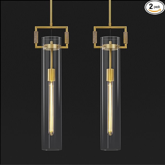 Modern Gold Pendant Light Set of 2, 21.6'' Pendant Lights Kitchen Island, Adjustable Height Brass Glass Pendant Light Fixtures, Large Pendant Lights for Dinning Room Farmhouse Bathroom