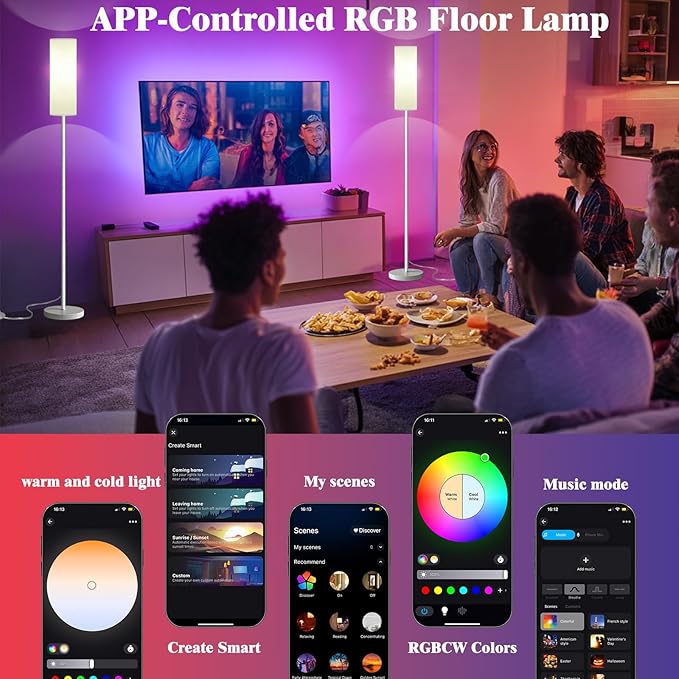 Smart LED Floor Lamp with APP Control & RGB Colors - Dimmable Standing Lamp for Living Room, Bedroom, Gaming - Remote, Timer, 9W Bulb Included, 67" Modern Tall Lamp (White)