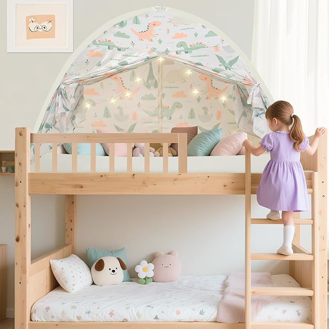 Twin Size Bed Canopy, Twin Bed Tent Indoor with Star Lights, Privacy Space Blackout Sleeping Tents, Indoor Breathable Portable Floor Bed Tent for Boys and Girls, Dinosaur