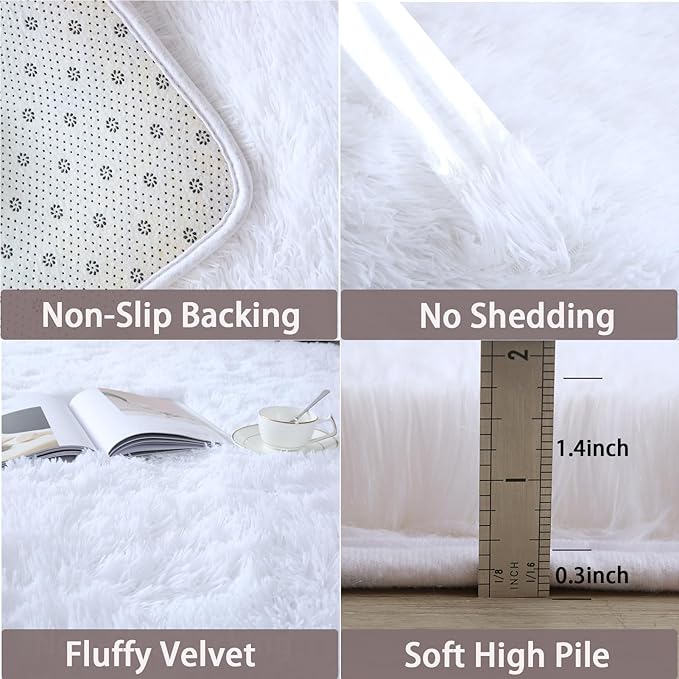 White Rug 8x10 for Living Room - Large Soft Shag Fluffy Area Rugs for Bedroom, Non-Skid Modern Fuzzy Nursery Faux Fur Carpet for Kids Dorm Room Playroom (8x10 Feet, White)