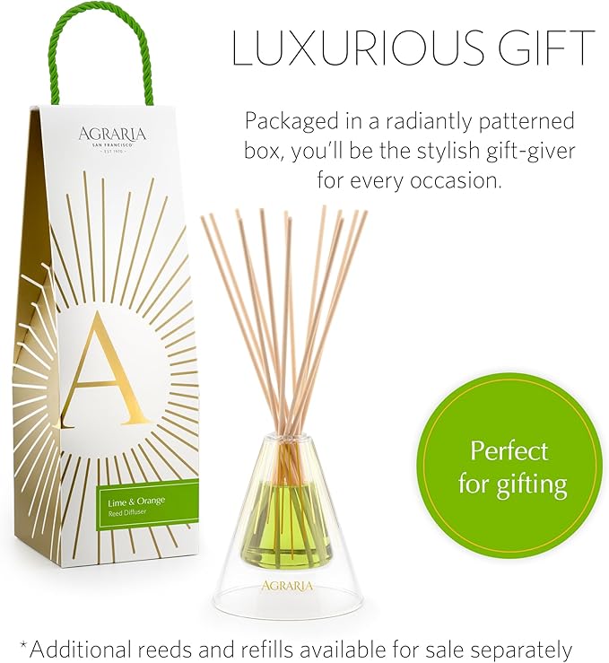 Agraria Lime & Orange Reed Diffuser Set, 12 Reeds Essential Oil Freshener Sticks, Room Diffusers for Home Fragrance, Scented Reed Oil Diffuser Gift
