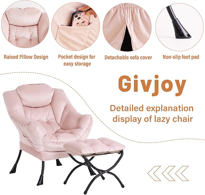 Lazy Chair and Ottoman, Large Accent Lounge Chair with Armrests and a Side Pocket, Modern Leisure Upholstered Sofa Reading Armchair with Footrest for Bedroom, Living Room, Dorm Rooms, Office