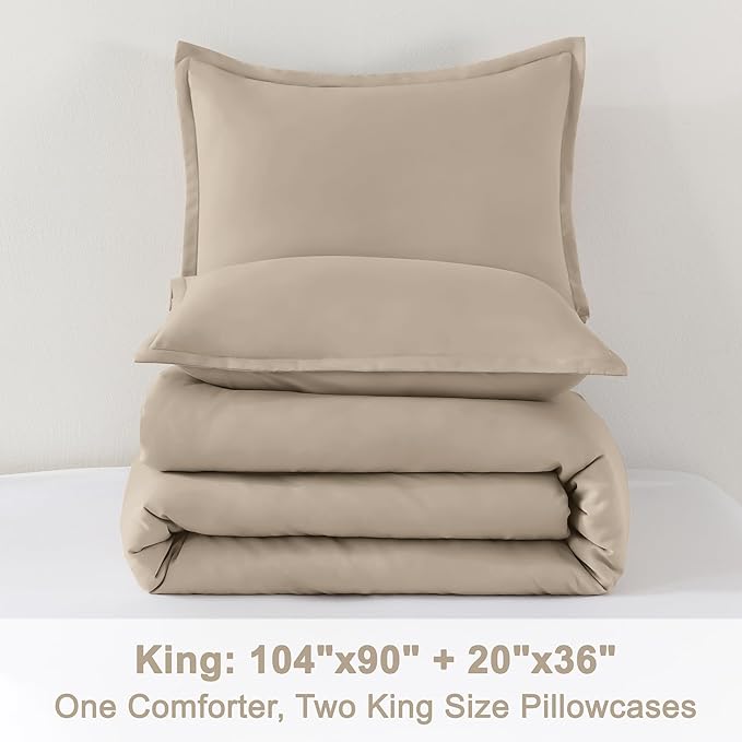 Litanika Khaki Comforter Set King Size, 3 Pieces Solid Bedding Comforter Set, All Season Down Alternative Bed Set (104x90In Comforter & 2 Pillowcases)