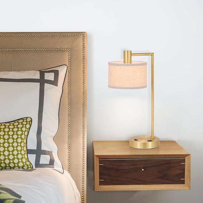 XiNBEi Lighting Table Lamp USB Desk Lamp with Fabric Shade, Modern Bedside Iron Lamp Satin Brass Finish for Bedroom Living Room & Office XB-TL1230-SB