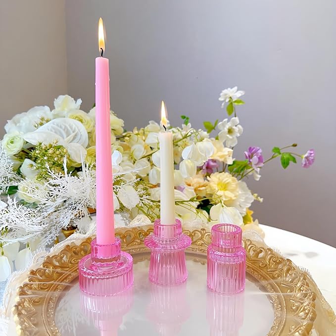 Double Sided Vintage Ribbed Taper Glass Candle Holders,Tea Candle Holder for Table Centerpieces, Wedding Decorations and Dinner Parties (Pink, 3 PCS)