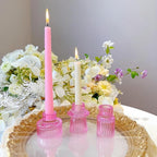 Double Sided Vintage Ribbed Taper Glass Candle Holders,Tea Candle Holder for Table Centerpieces, Wedding Decorations and Dinner Parties (Pink, 3 PCS)