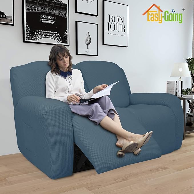 Easy-Going 6 Pieces Recliner Loveseat Stretch Sofa Slipcover Sofa Cover Furniture Protector Couch Soft with Elastic Bottom Kids, Spandex Jacquard Fabric Small Checks Bluestone