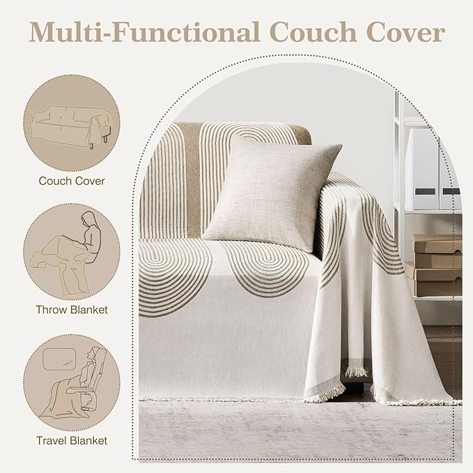 Couch Cover Boho for Dogs Washable Mocha Couch Covers for 2 Cushion Couch, Chenille Sectional Couch Covers L Shape Sofa Cover, Furniture Protector for Kids, Pets, Mocha 71" X150"