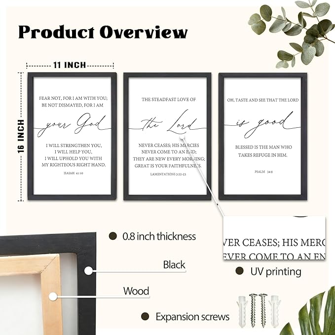 FZMHASLWW The Lord Your God Is Good Sign Bible Verses Wall Decor 16"X11" Set of 3 Christian Scripture Prayer Inspirational Motivational Quotes Family Framed Wall Art (Black)