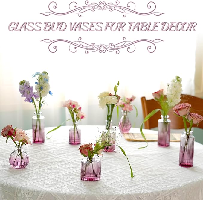 Bud Vases 24 in Bulk, Small Purple Vase Glass Vases for Flowers Vintage Ribbed Colored Wedding Flower Vase for Decor in Bulk Decor Bridal Shower Centerpieces Home Table Decoration