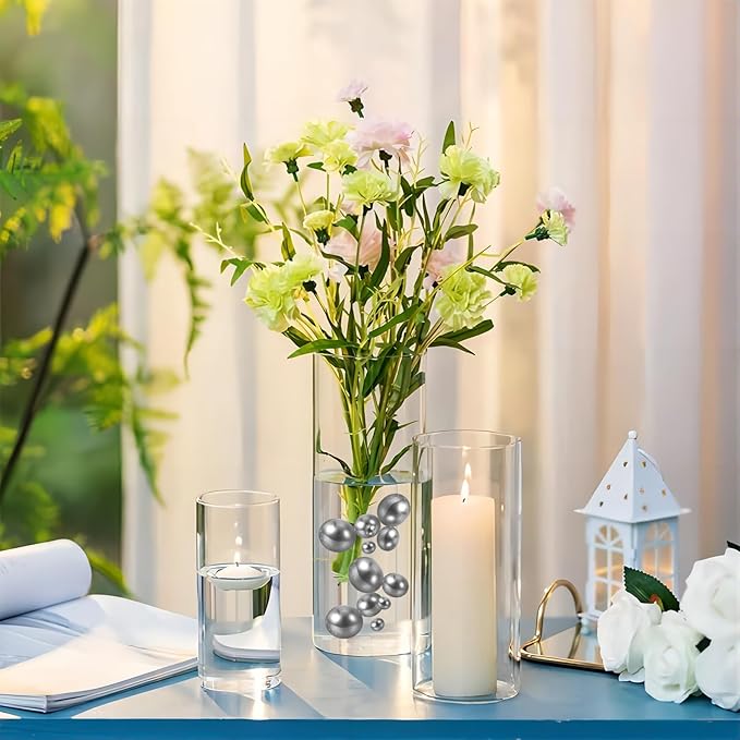 200 PCS Silver Vase Fillers, Pearls Bead for Centerpieces Vases, 10/14/20 MM No Hole Beads, Fake Pearls for Wedding Birthday Anniversary Theme Party Table Centerpieces Decor