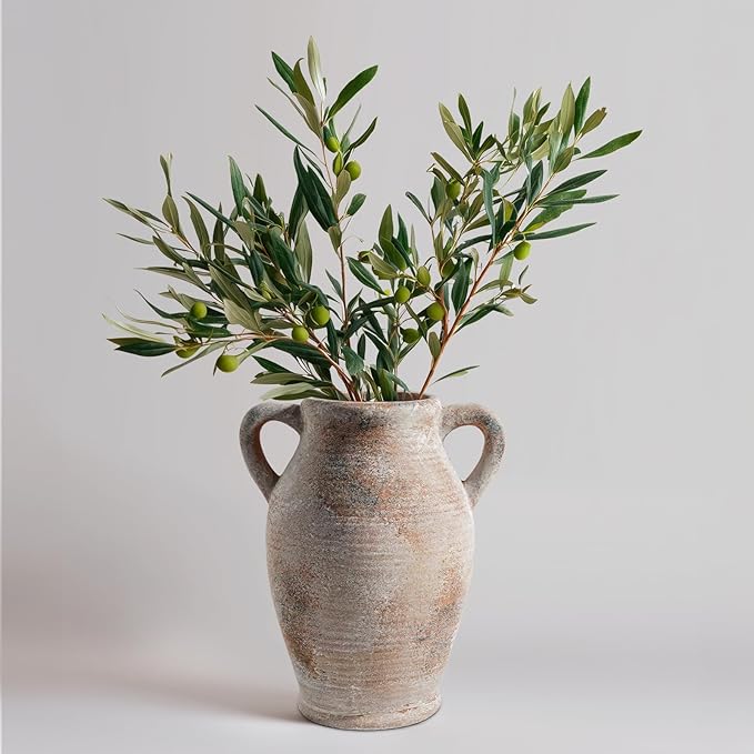 Sunddo 8 inch Rustic Vase for Home Decor, Farmhouse Terracotta Decorative Vase with Handles, Centerpiece Table Decorations, Distressed Living Room, Shelf, Mantle, Entryway, Table Decor