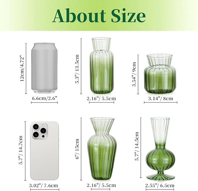 Hewory Small Ribbed Glass Bud Vases Set of 8 Green Flower Vase Centerpieces - Modern Minimalist Cute Mini Decorative Bulk Vases for Wedding Bridal Shower Birthday Party Events Dining Room Table Decor