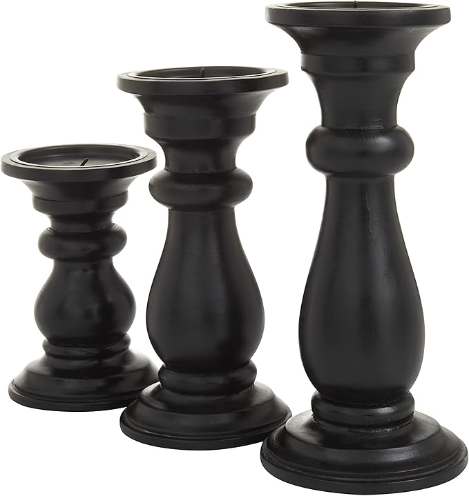 Deco 79 Mango Wood Decorative Candle Holder Turned Style Pillar Candle Stand, Set of 3 Candlestick Holder 10", 8", 6"H, Black
