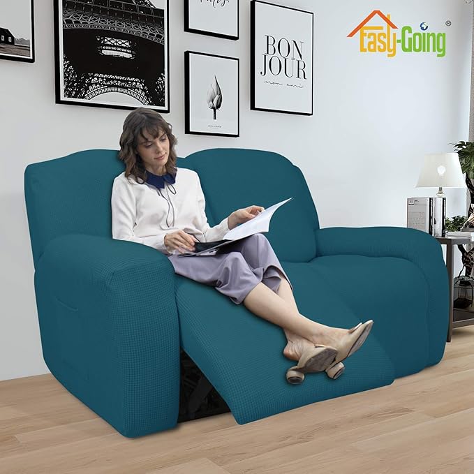 Easy-Going 6 Pieces Recliner Loveseat Stretch Sofa Slipcover Sofa Cover Furniture Protector Couch Soft with Elastic Bottom Kids, Spandex Jacquard Fabric Small Checks Peacock Blue