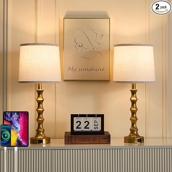 Gold Table Lamp 24" Nightstand Lamps Set of 2 Bamboo Shape Base Metal Desk Lamps with Linen White Shade Bedside Nightlight with USB A+C Ports Rustic Buffet Lamp for Living Room Bedroom