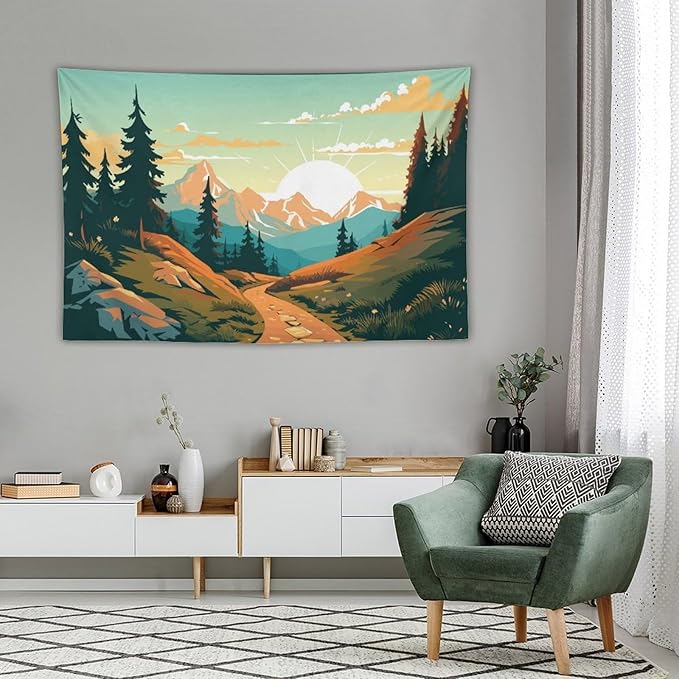 HZOHNAGO Mountain Tapestry Forest Mountain Sunrise Road Pattern Printed Wall Tapestry Wall Hanging for Bedroom Living Room Dorm 60" W x 40" H